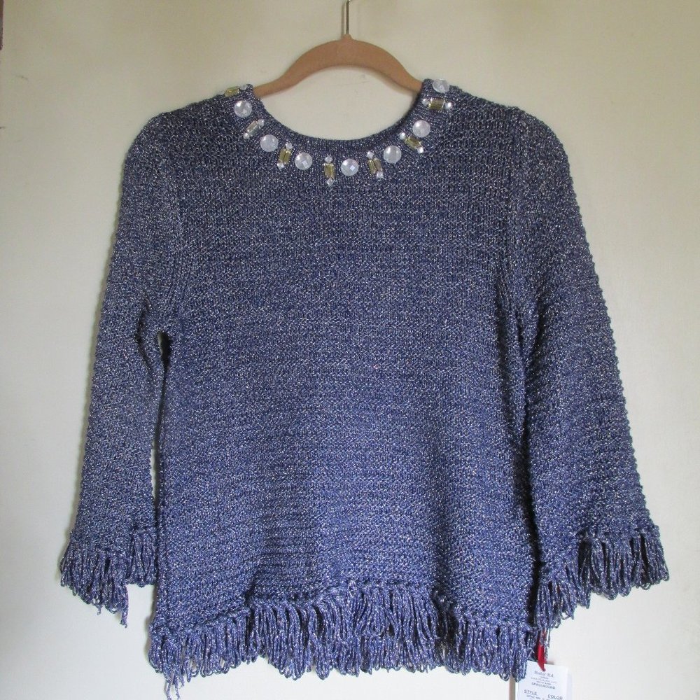 Ruby Rd Petite Jewel Neck Navy Sweater fringe edge